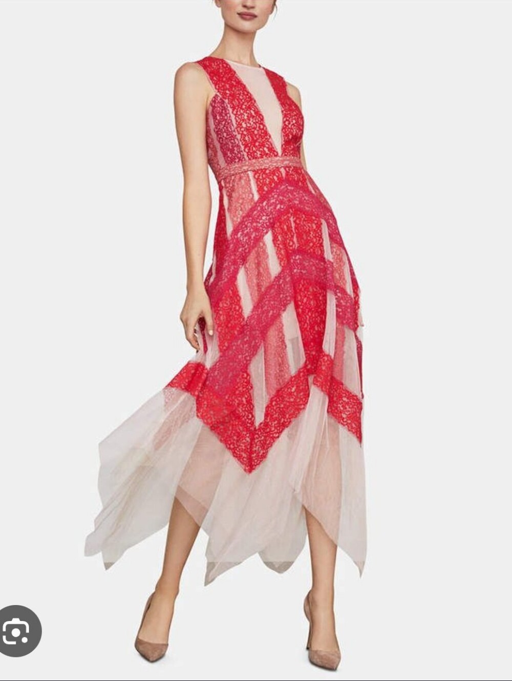 BCBG Women's Pink & Coral Lace Panel V-Neck Dress